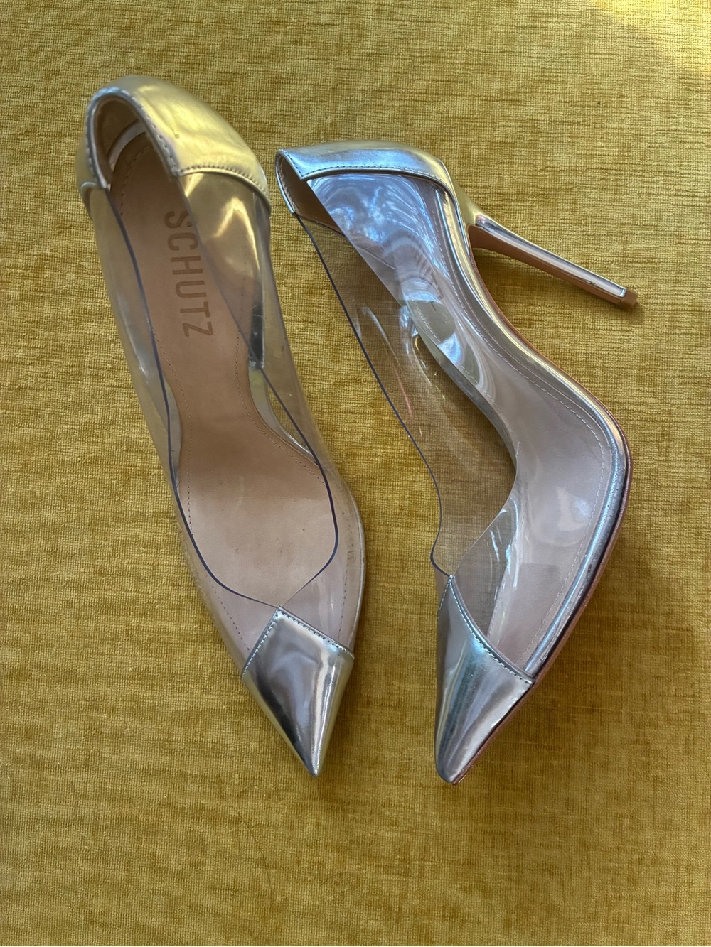 SCHUTZ Silver Pointed-Toe Clear Panel Stiletto Heels